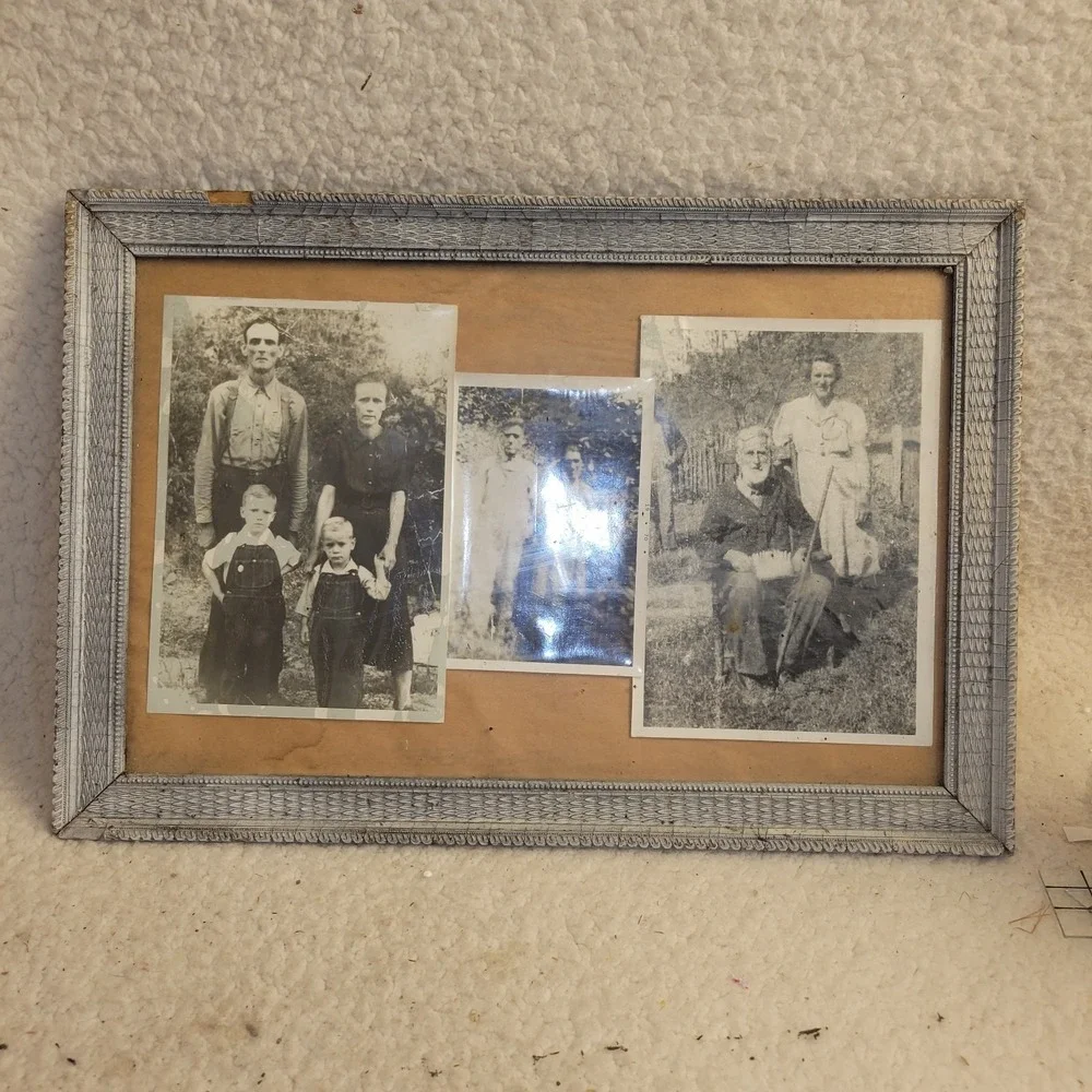 Antique 1920s Framed Black & White Farm Family Photos Silver Painted‎ Wood Frame